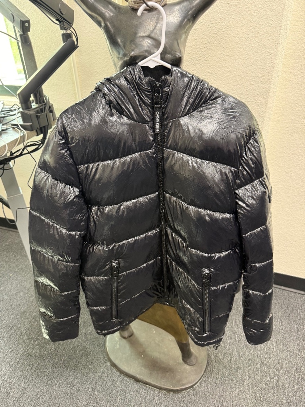 New with Tags Calvin Klein Black Puffer Jacket with Hoodie, Zipper Front, Size S
